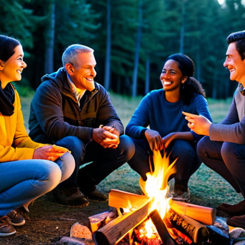 A diverse group of adults, fully clothed in modest, professional outdoor attire, gathered around a small, contained campfire in a serene natural setting at dusk. They are engaged in warm, genuine, face-to-face conversation, smiling and making eye contact, with no digital devices visible. The scene evokes a deep sense of connection, peace, and liberation from digital distractions. Professional photography, high quality, realistic, safe for work, appropriate content, family-friendly, perfect anatomy, correct proportions, natural pose, well-formed hands, proper finger count, natural body proportions.