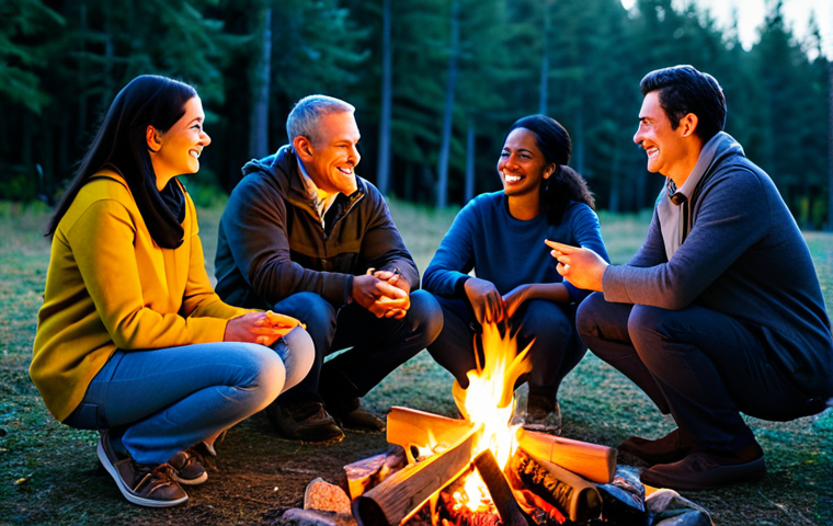 A diverse group of adults, fully clothed in modest, professional outdoor attire, gathered around a small, contained campfire in a serene natural setting at dusk. They are engaged in warm, genuine, face-to-face conversation, smiling and making eye contact, with no digital devices visible. The scene evokes a deep sense of connection, peace, and liberation from digital distractions. Professional photography, high quality, realistic, safe for work, appropriate content, family-friendly, perfect anatomy, correct proportions, natural pose, well-formed hands, proper finger count, natural body proportions.
