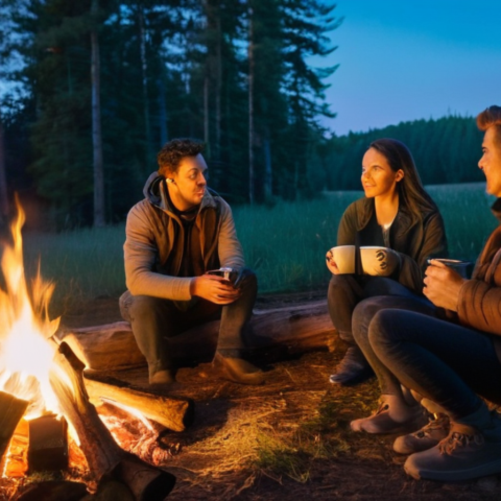 디지털 디톡스 캠프의 지속가능성에 대한 논의 - **Digital Detox Camp Serenity:** A group of diverse adults (mid-20s to 50s) in comfortable, modest o...