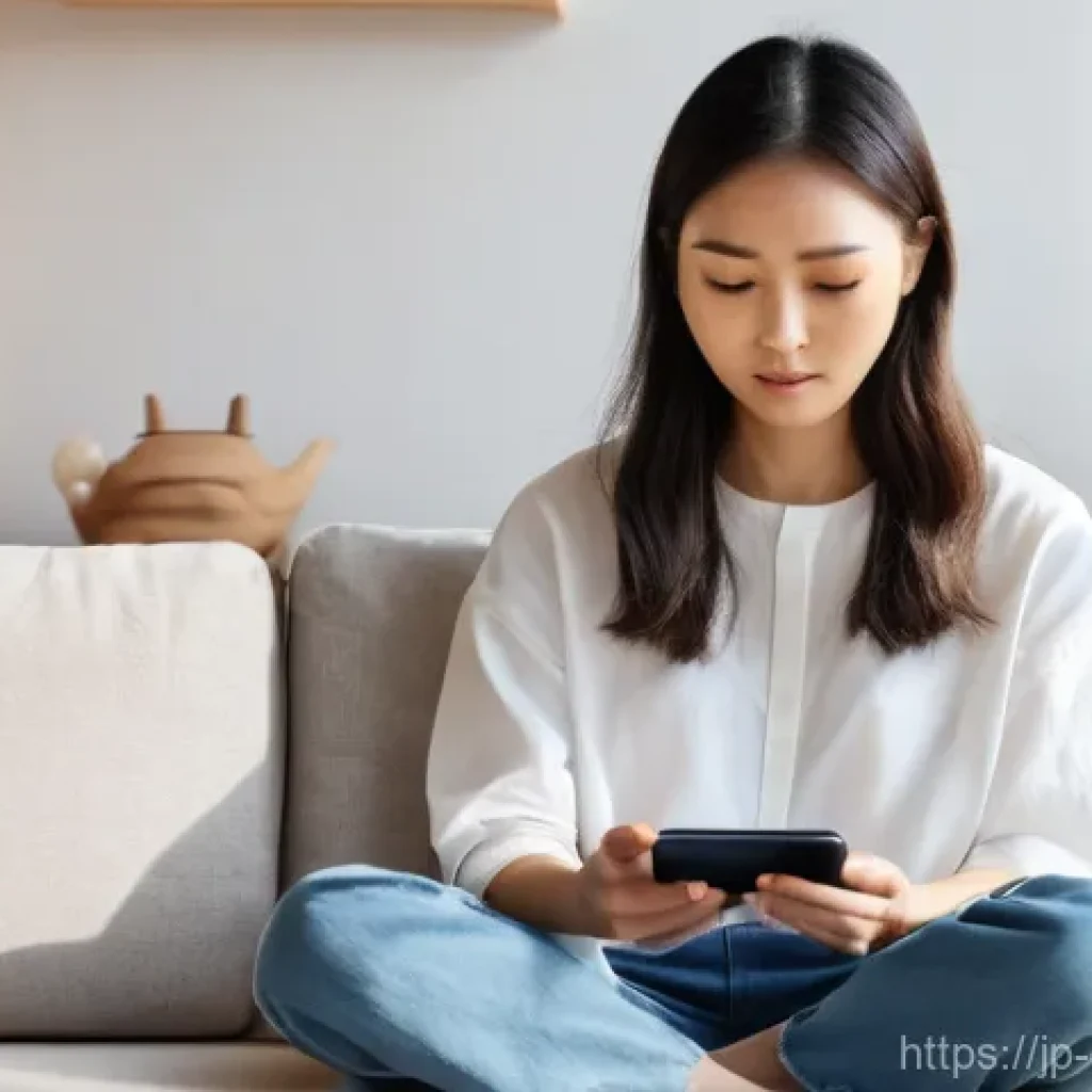 디지털 디톡스 캠프 일상에서의 스크린 타임 줄이기 - **"A thoughtful young Japanese woman in her late 20s is sitting cross-legged on a plush cushion in a...