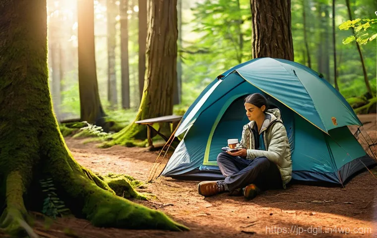 디지털 디톡스 캠프 나만의 비전 설정하기 - **Prompt 1: Serene Morning at a Forest Campsite**
    A tranquil, cozy scene in a lush, sun-dappled ...
