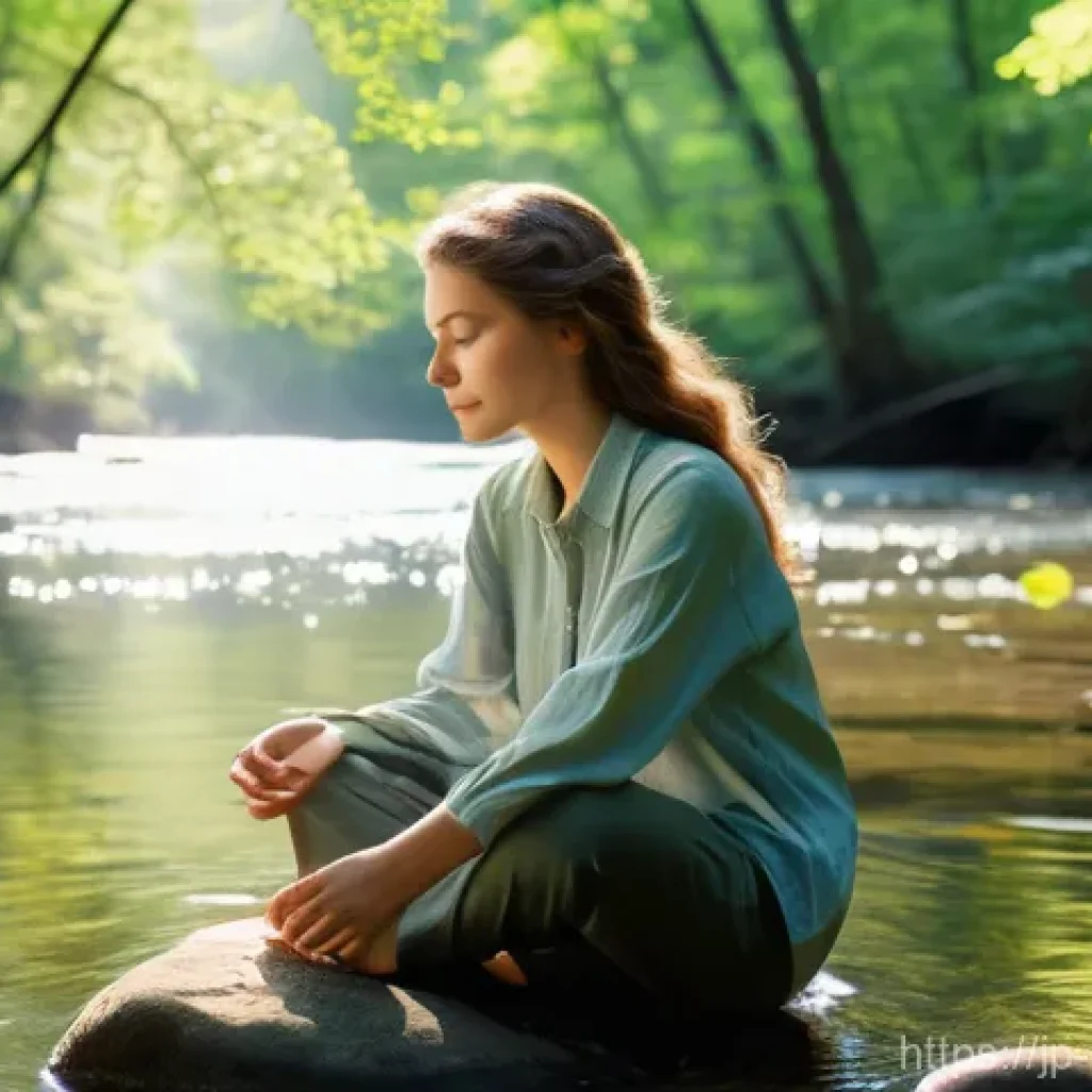 디지털 디톡스 캠프의 필요성에 대한 논의 - A serene and peaceful scene featuring a young adult female, dressed in comfortable, modest outdoor c...