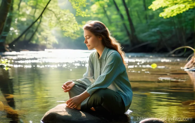 디지털 디톡스 캠프의 필요성에 대한 논의 - A serene and peaceful scene featuring a young adult female, dressed in comfortable, modest outdoor c...