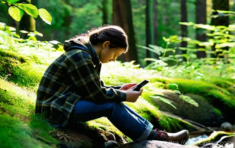 디지털 디톡스 캠프 일상의 행복 찾기 - **Prompt 1: Escaping the Digital Haze in Nature**
    "A young adult, gender-neutral, in their late ...