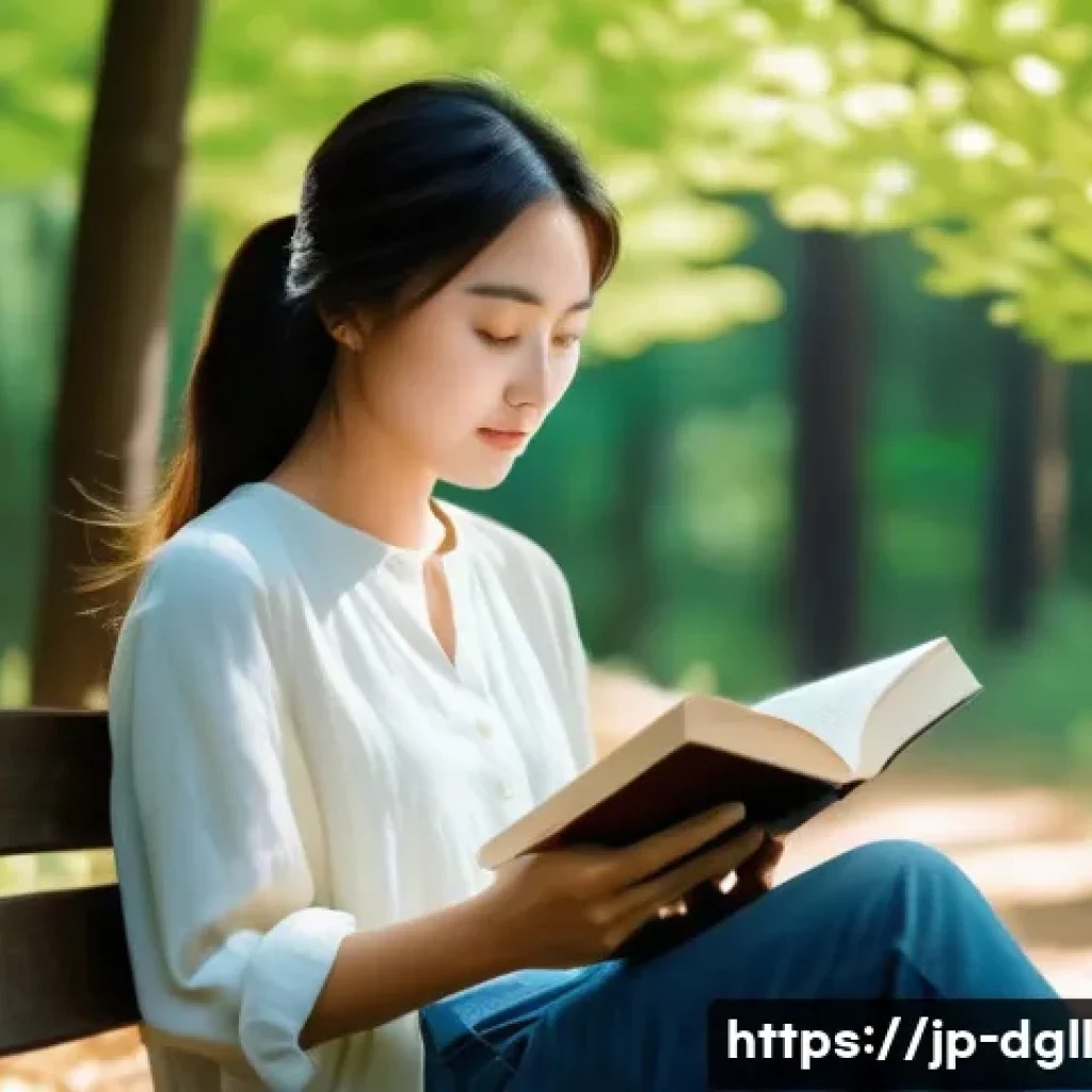 디지털 디톡스 캠프에서의 독서 활동의 중요성 - A serene forest scene during daytime featuring a Japanese woman in casual, modest outdoor clothing s...