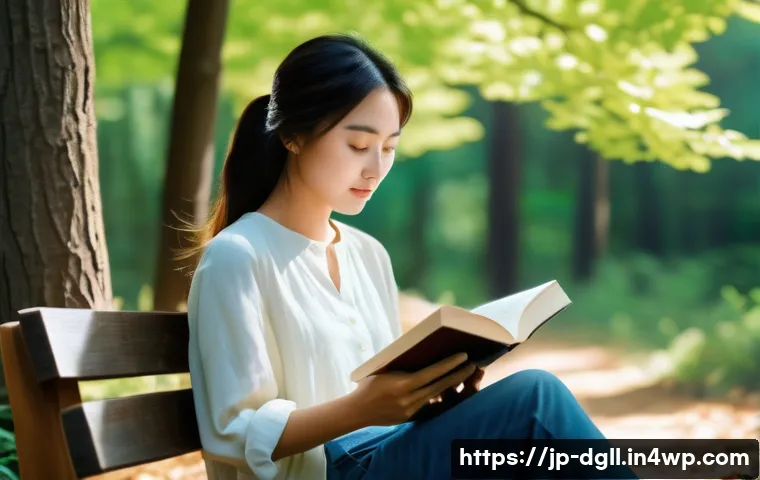 디지털 디톡스 캠프에서의 독서 활동의 중요성 - A serene forest scene during daytime featuring a Japanese woman in casual, modest outdoor clothing s...