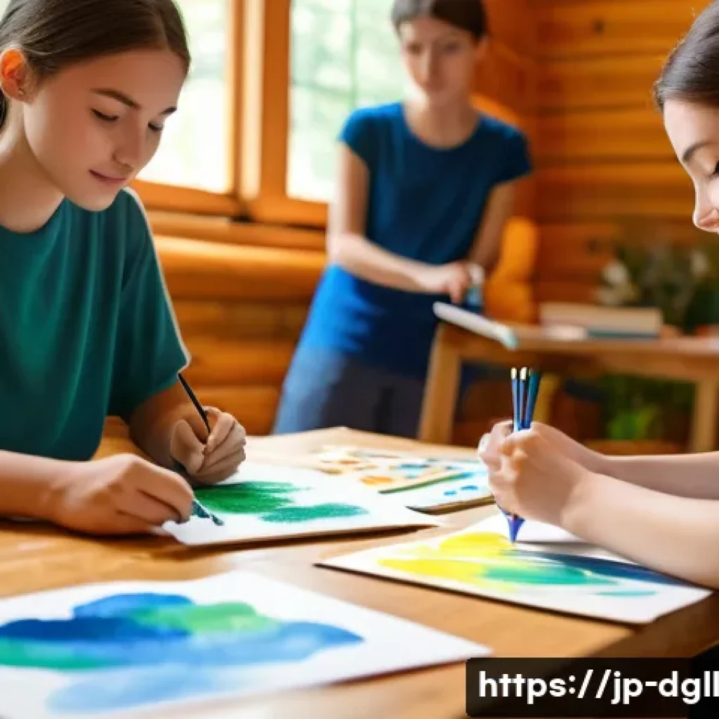 디지털 디톡스 캠프에서의 아트 테라피 - A serene art therapy session set in a quiet forest cabin, featuring a diverse group of adults and te...