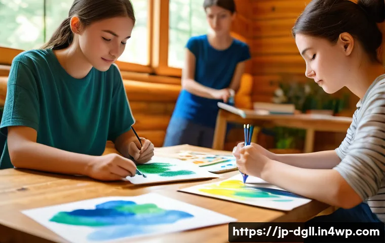 디지털 디톡스 캠프에서의 아트 테라피 - A serene art therapy session set in a quiet forest cabin, featuring a diverse group of adults and te...