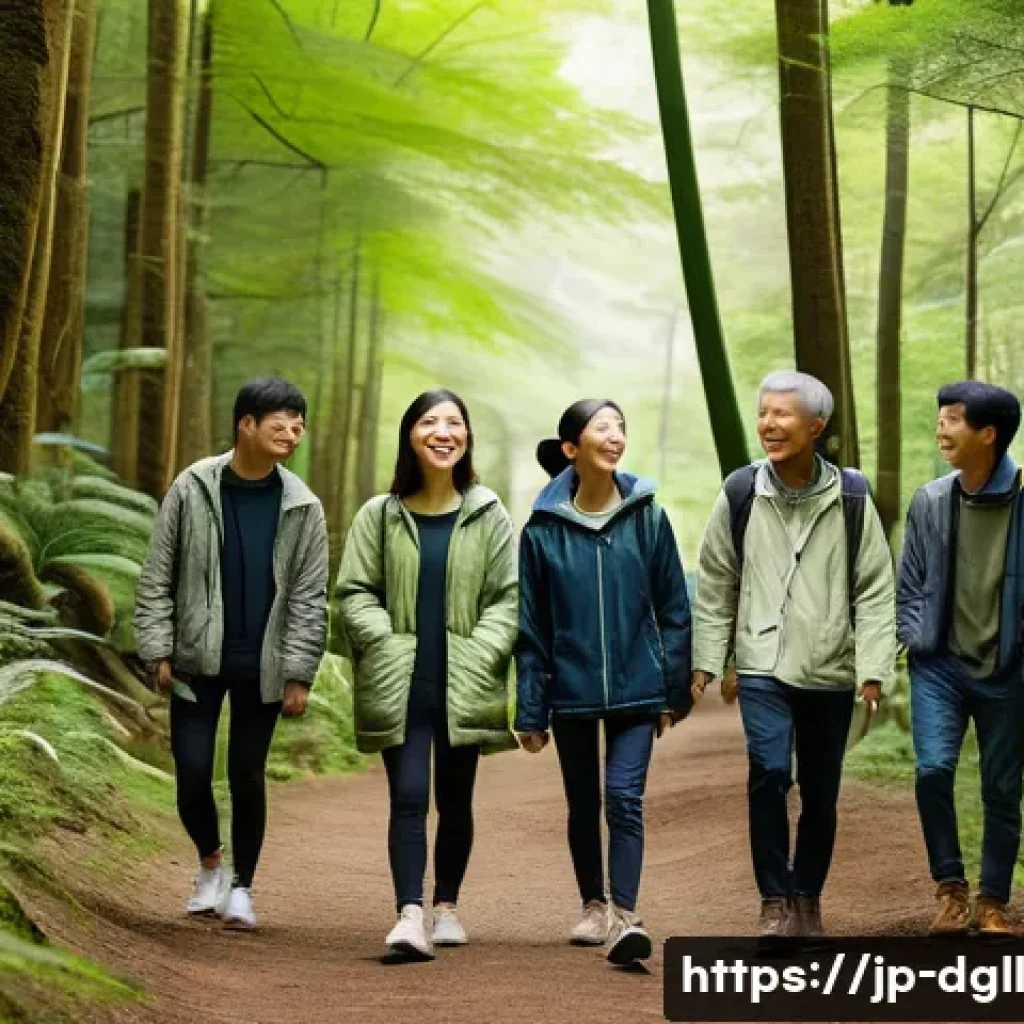 디지털 디톡스 캠프의 평가 및 피드백 시스템 - A serene morning scene at a digital detox camp in a lush Japanese forest, with diverse adult partici...