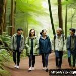 디지털 디톡스 캠프의 평가 및 피드백 시스템 - A serene morning scene at a digital detox camp in a lush Japanese forest, with diverse adult partici...