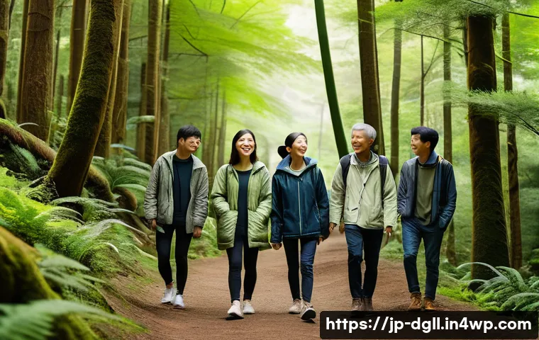 디지털 디톡스 캠프의 평가 및 피드백 시스템 - A serene morning scene at a digital detox camp in a lush Japanese forest, with diverse adult partici...