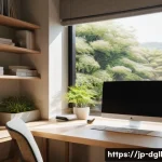 디지털 디톡스 캠프 스트레스 관리 방법 - A modern Japanese home office scene bathed in natural light from a large window, featuring a minimal...
