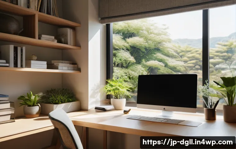 디지털 디톡스 캠프 스트레스 관리 방법 - A modern Japanese home office scene bathed in natural light from a large window, featuring a minimal...