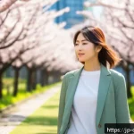 디지털 디톡스 캠프와 관련된 정책 제안 - A serene urban park scene in Japan during early spring, featuring a young Japanese woman in casual m...