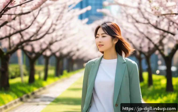 디지털 디톡스 캠프와 관련된 정책 제안 - A serene urban park scene in Japan during early spring, featuring a young Japanese woman in casual m...