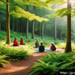 디지털 디톡스 캠프에서의 극복 사례 연구 - A serene digital detox camp scene set in a lush Japanese forest during early autumn, featuring diver...
