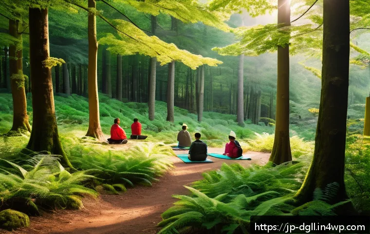 디지털 디톡스 캠프에서의 극복 사례 연구 - A serene digital detox camp scene set in a lush Japanese forest during early autumn, featuring diver...