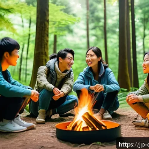 디지털 디톡스 캠프에서의 소셜 스킬 향상 - A group of diverse Japanese young adults participating in a digital detox camp set deep in a lush fo...