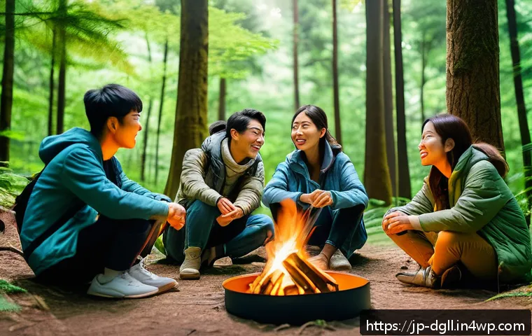 디지털 디톡스 캠프에서의 소셜 스킬 향상 - A group of diverse Japanese young adults participating in a digital detox camp set deep in a lush fo...