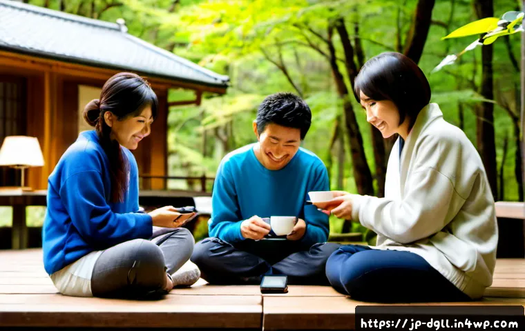 디지털 디톡스 캠프에서 만난 친구들과의 관계 - Photorealistic digital detox camp friendship scene in rural Japan, four adult friends in casual outd...