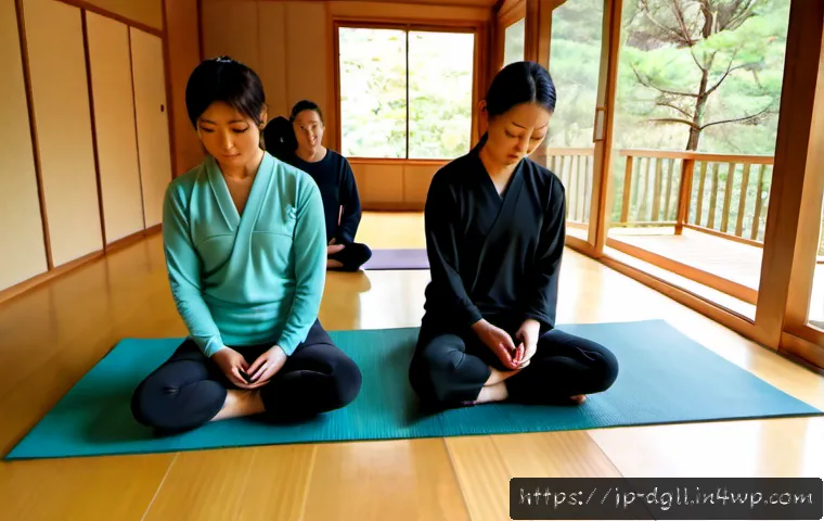 디지털 디톡스 캠프와 함께 하는 요가 수업 - Photorealistic digital detox yoga class at a peaceful Japanese forest retreat, diverse adult partici...