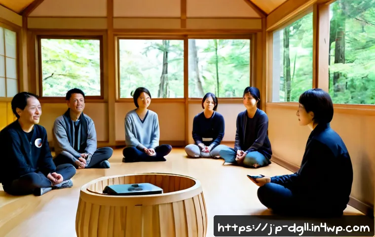 디지털 디톡스 캠프에서의 의사소통 기술 연습 - Photorealistic Japanese digital detox camp workshop in a quiet forest lodge, diverse adult participa...